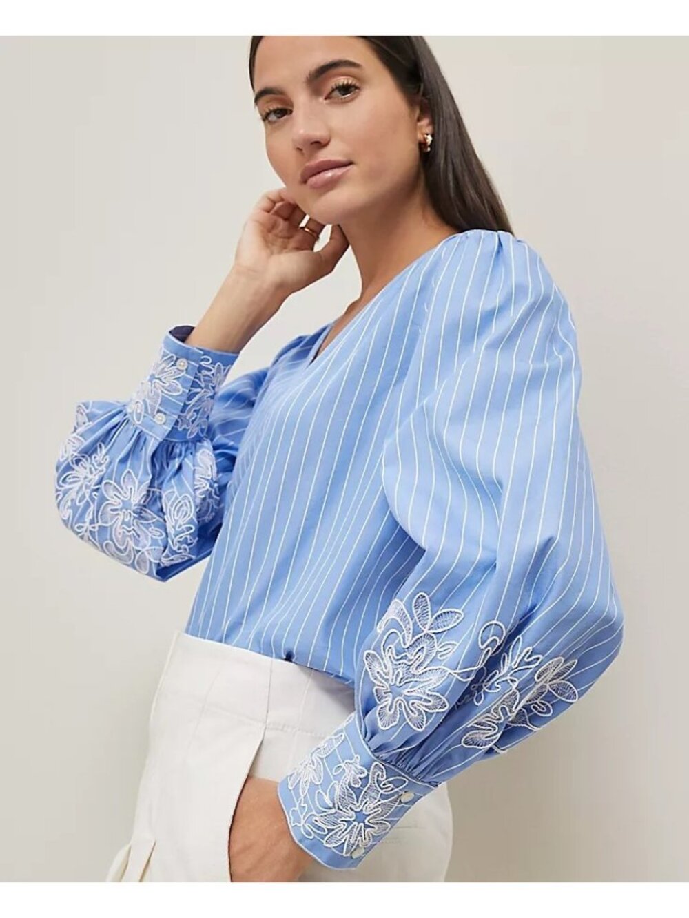 Ann Taylor Blue White Striped Embroidered Balloon Sleeve V-Neck Popover Blouse